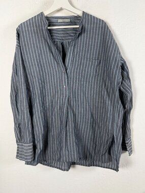 Vince Womens Grey Blue Multi Stripe Long Sleeve Popover Tunic Top Blouse Large